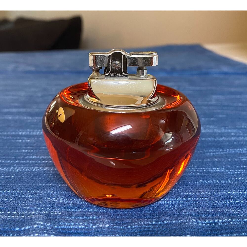Empty Vintage MCM Persimmon Orange Viking Glass Tabletop Lighter Four Star Japan